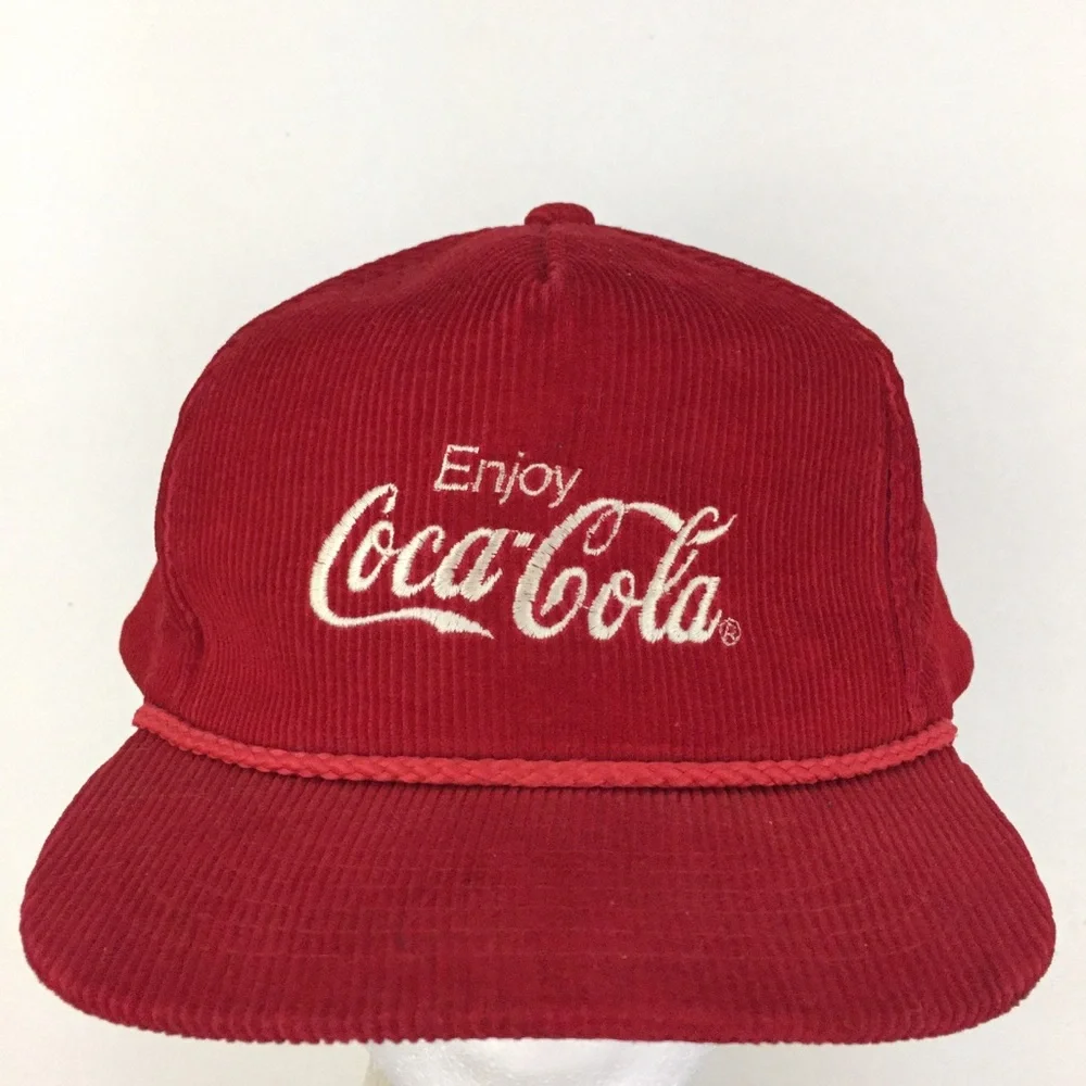 Vtg Enjoy Coca Cola Corduroy Hat Logo Coke Soda Snap Back Baseball Trucker Cap - Picture 1 of 9